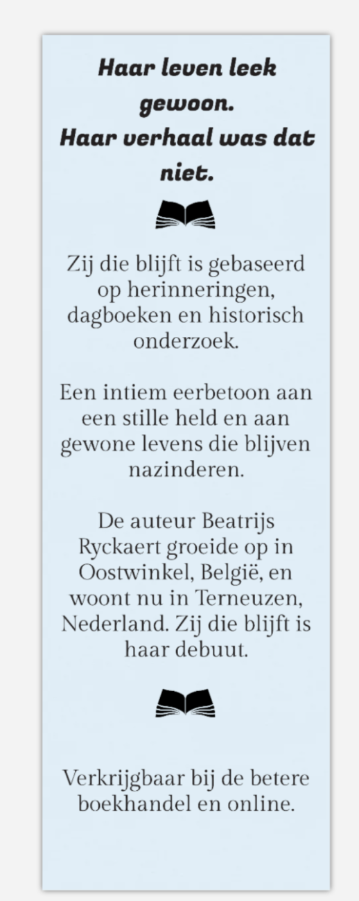 Achterkant van de boekenlegger bij Zij die blijft